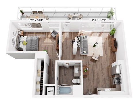 Floor plan for 1 bed, 1 bath, 742 sqft